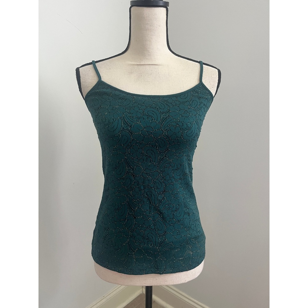LOFT Lace Floral Cami Small Dark Green Camisole Top Metallic Office Shell Work